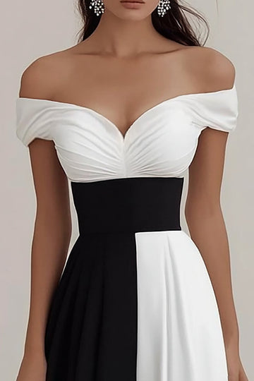 Black White Satin A Line Off The Shoulder Long Formal Dress